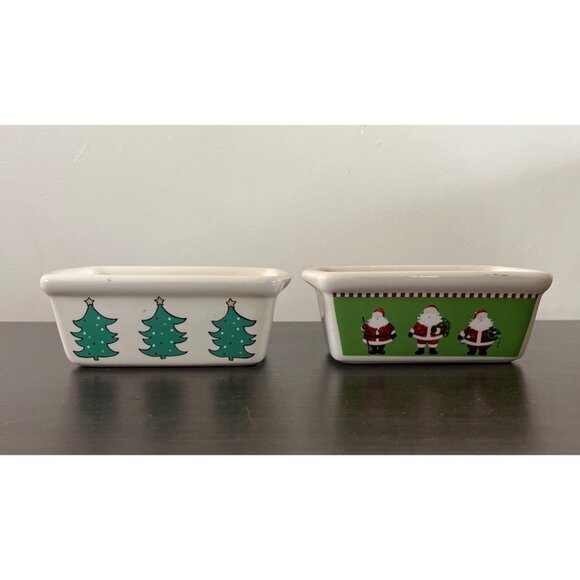 LTD Commodities Christmas Trees Santa Mini Bread Pan Stoneware 6" Beige Lot Of 2 - Picture 3 of 6